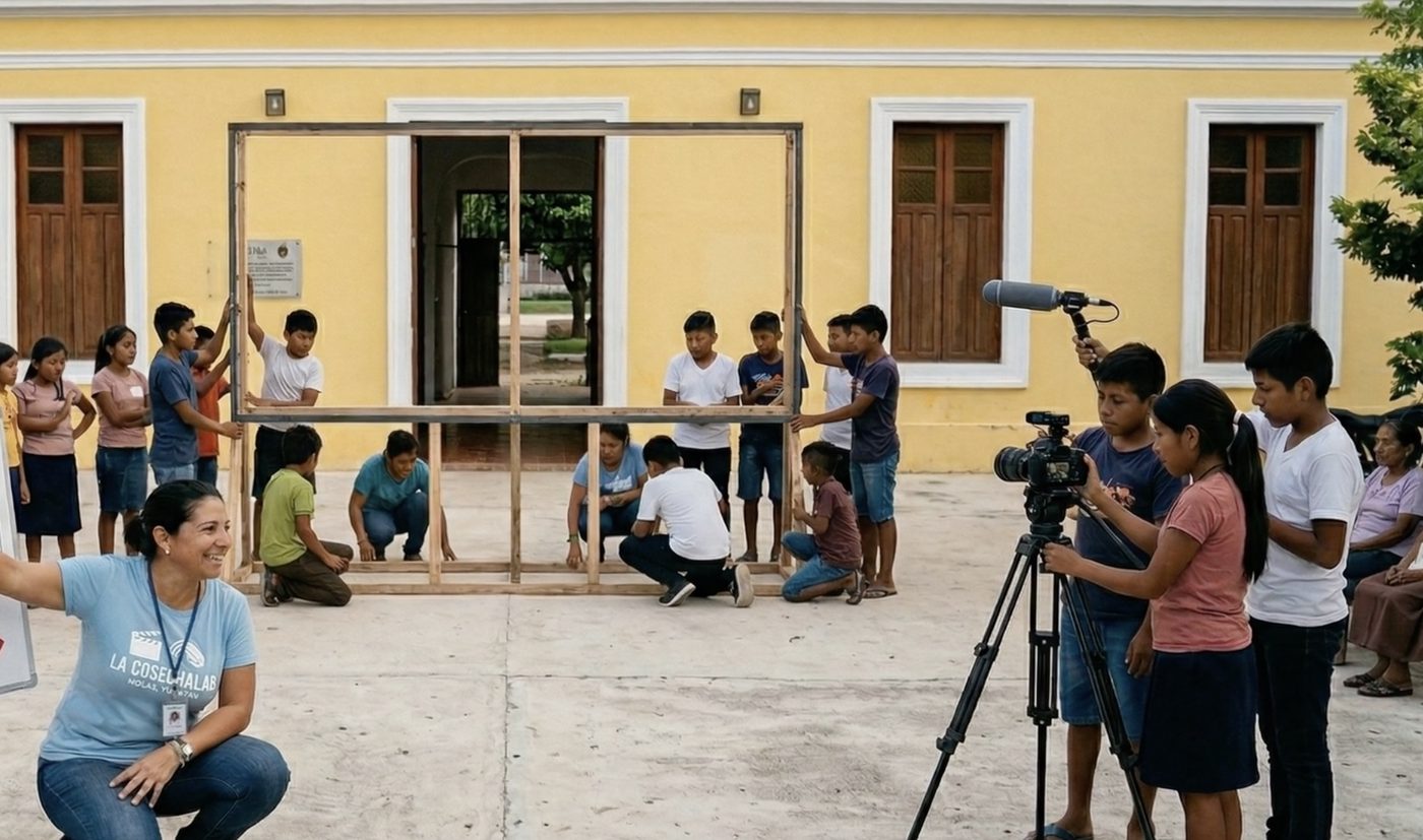 Niñas y niños construyendo un set de filmación con cámara y micrófono en la plaza de Molas, Yucatán